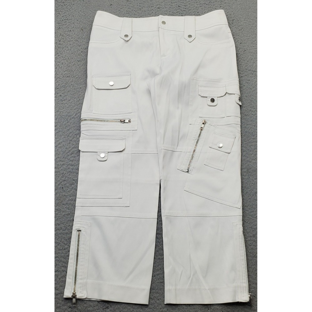 Cachè Cargo Pants Womens 4 White Utility Pocket Outdoor Straight Leg Ankle Zip